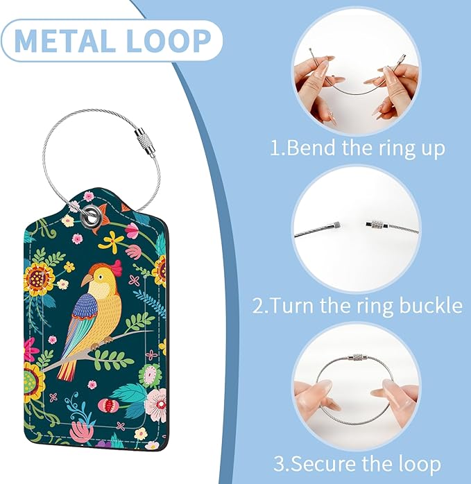 2 Pcs Luggage Tag for Suitcases, Floral Bird Cute PU Leather Suitcase Tag Privacy Cover Name ID Label with Metal Loop, Personalized Baggage Identifier for Women Cruise Bag Travel Essentials