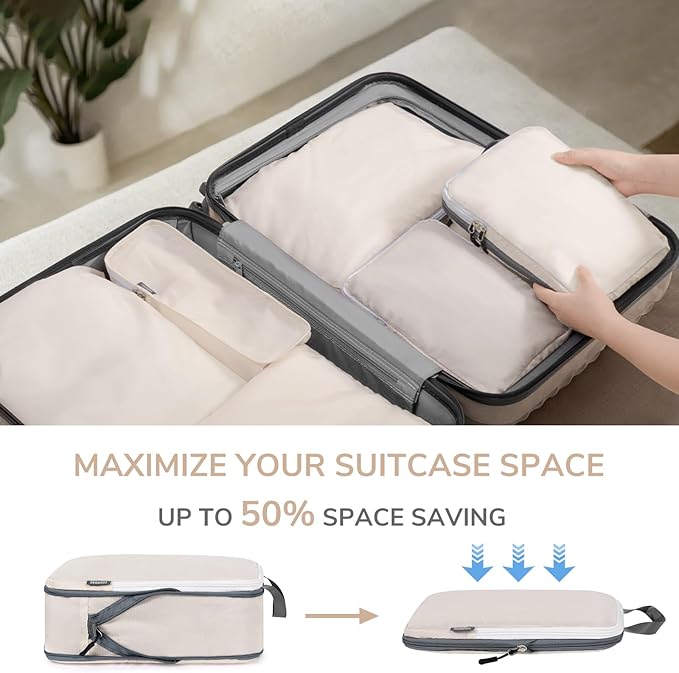 CherryNow Compression Packing Cubes, 7 Set Packing Cubes for Travel Women, Travel Essentials for Backpack, Beige