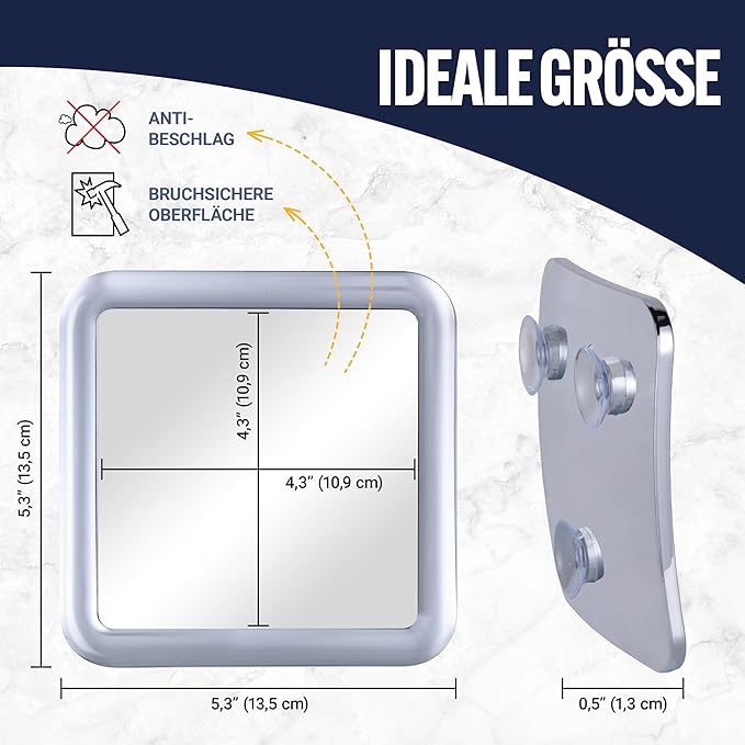 Travel Shower Mirror - Small Fogless Mirror with Triple Suction Cups - Antifog & Shatterproof Stick On Shaving Mirror for Bathroom and Travel - 5.3" x 5.3" (Chrome)