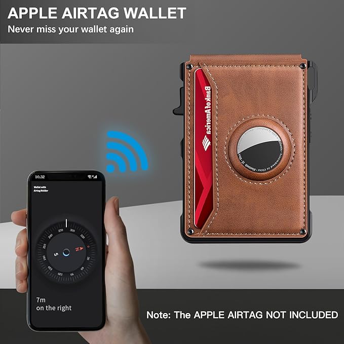 KIKVES Airtag Wallet for Men, Mens Smart Wallet for Air Tag RFID Blocking, Minimalist Bifold Pop Up Aluminum Credit Card Case Holder 12+ Cards with ID Window, Gift for Men, No Airtag Included, Brown