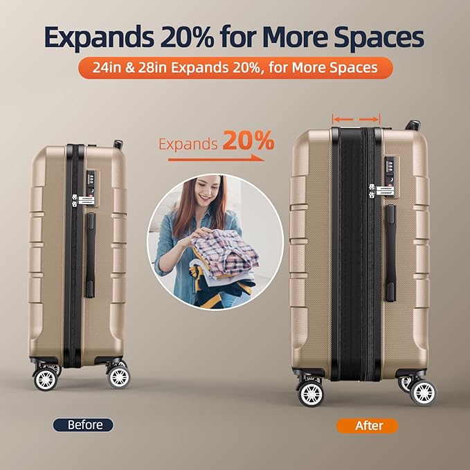 SHOWKOO Luggage Sets Expandable 100% PC Durable Suitcase Double Wheels TSA Lock 3pcs, Champagne