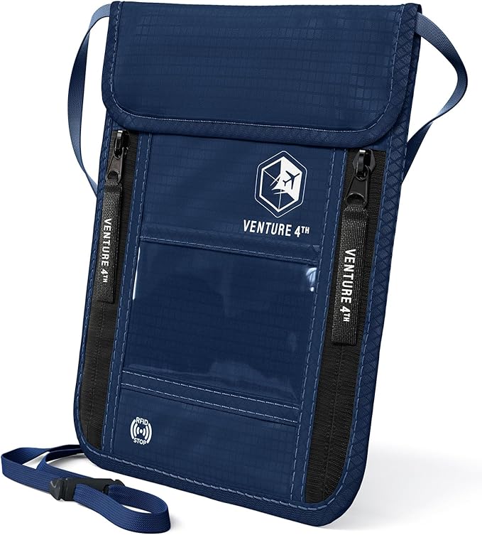 VENTURE 4TH Neck Wallet for Women & Men – RFID Blocking Passport Holder for Travel, Hidden Neck Pouch with 6 Compartments, Slim Lightweight Travel Organizer with Adjustable Strap (Navy Blue)