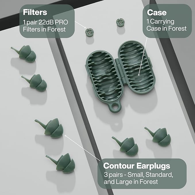 EARPEACE Everyday Noise Control & Noise Reduction Ear Plugs - High-Fidelity Earplugs, Comfortable & Reusable Earplugs for Travel, Sleep, Work, Snoring Blocking, Includes Carrying Case - Forest (Green)
