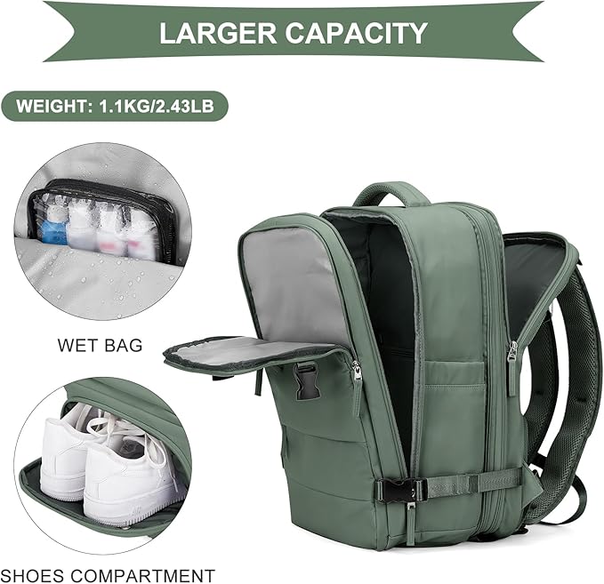 coowoz Large Travel Backpack For Women Men, Carry On Backpack,Hiking Backpack Waterproof Outdoor Sports Rucksack Casual Daypack Expandable Heavy Duty Extra large Backpack Olive Green