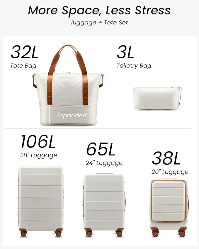 5 Piece Luggage Set Hardside Expandable Suitcase with TSA Lock Spinner Wheels Lightweight Travel Set Includes Tote and Toiletry Bag, (5 Piece Sets, White)