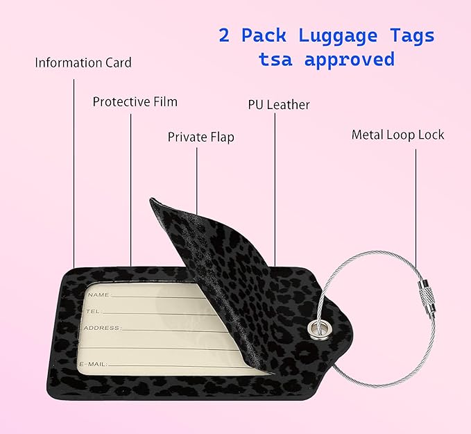 2P Luxury Black Grey Leopard Cheetah Luggage Tags Privacy Cover ID Label with Stainless Steel Loop and Address Card for Travel Bag Suitcase Funny Cute Man Women Kids