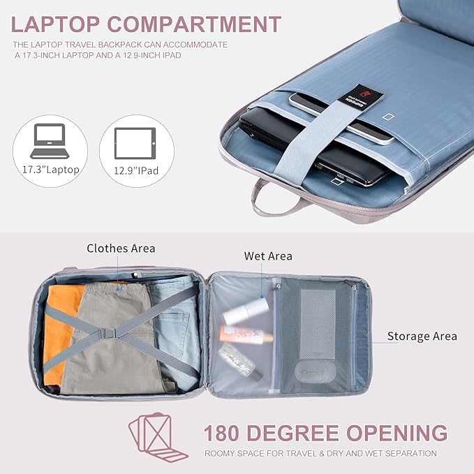 EMPSIGN Carry on Travel Backpack for Women & Men, 17 inch Large TSA Friendly Laptop Backpack with USB Port, Airline Approved Carry On Luggage, Travel Essentials, Weekender Overnight Bags, Grey Pink