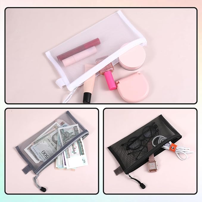 3 Pack Zipper Mesh Pouch, Multipurpose Nylon Mesh Cosmetic Bag, Portable Mesh Zipper Pouch Pencil Case, Toiletry Bag Organizing Pouches for Travel, for Daily or Travel to Keep Small Items, 3 Colors
