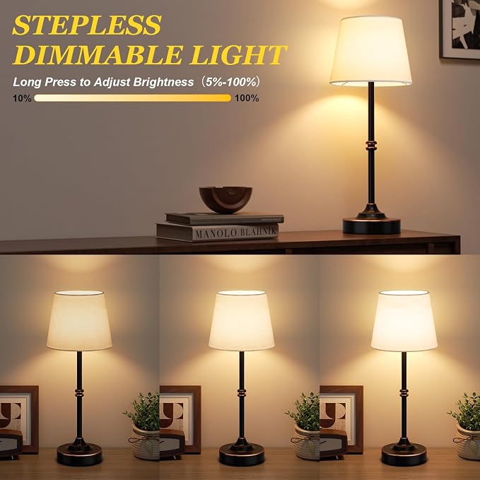 Kakanuo Rechargeable Cordless Table Lamp Antique Black - 2 Pack 4000mAh Battery Operated Lamp, 3000K Warm Light, Touch Control Stepless Dimming, for Bedside, Dining Table, Home Decor