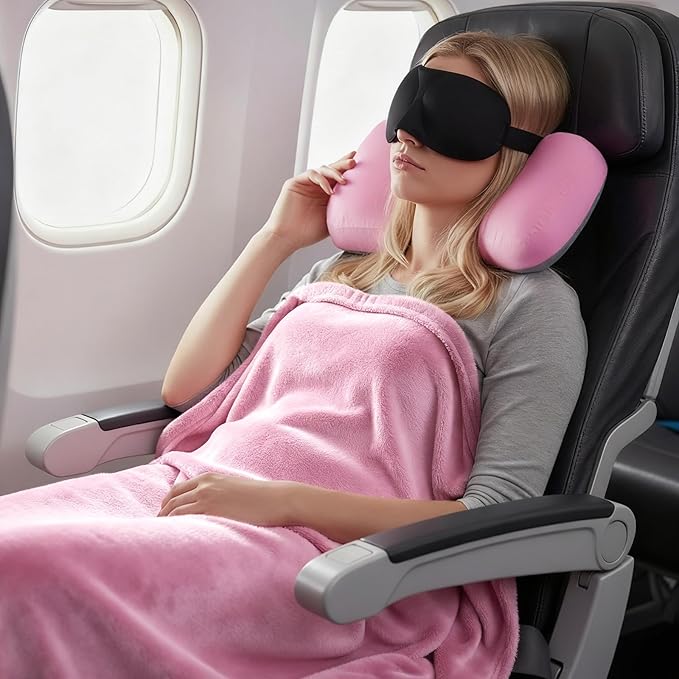 4-in-1 Travel Pillow & Blanket Set with Eye Mask, Memory Foam Neck Support, 50x65 Inch Blanket, Storage Bag for Airplane, Car, Train, Home Travel Pink