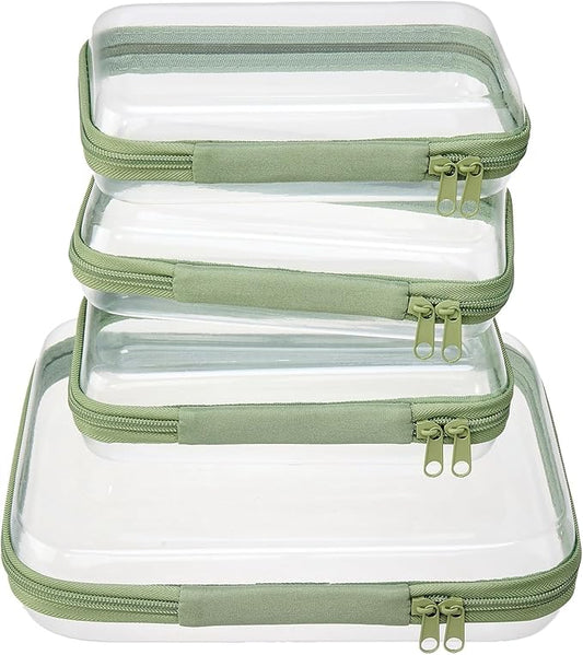 4 pcs Clear Zipper Pouches,Hard Shell Zipper Case, Toiletry Bag for Travel, CLear Diaper Bag, Toiletry Pouch, Travel Organizer, Cosmetic Bag,Toy Storage Bins (M+3S) (Mint Green)