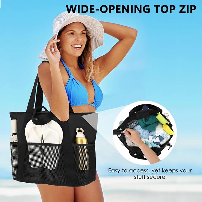 Fammart Mesh Beach Bag, Large Beach Tote with Zipper Pocket, Toys Pool Bag for Family Travel Vacation Cruise Essentials