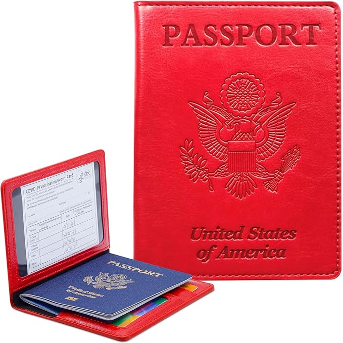 Passport Holder Cover Wallet Case RFID Blocking Leather Card Slot Travel Accessories Documents Organizer Protector for Women Men, Red