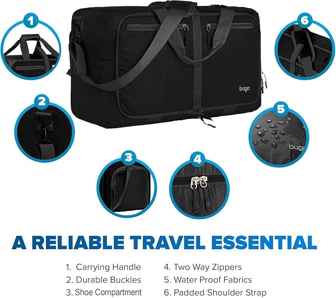 Bago Compact Duffle Bag for Travel Women & Men. Durable Lightweight Foldable Travel Duffel Bags For Traveling Women. 40L Duffle Bags a Reliable Weekender duffel or Overnight Bag With Shoe Compartment