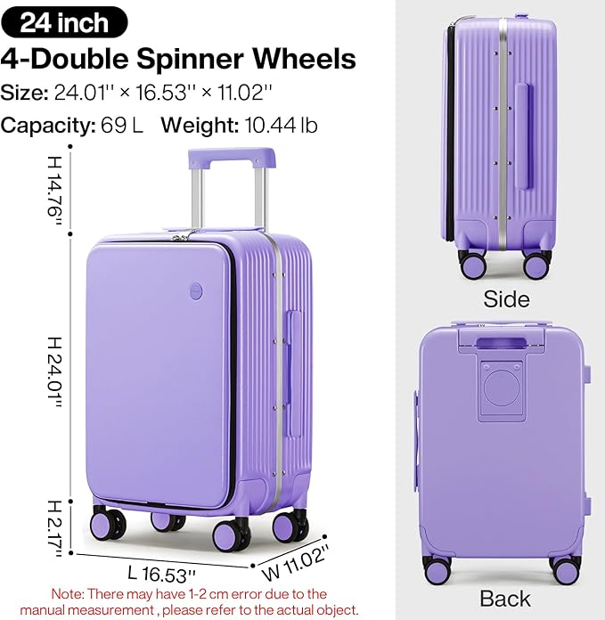 mixi Large Checked Luggage with Cup Phone Holder and Charger Hard Shell Suitcases with Spinner Wheels, 24 Inch Lilac Purple