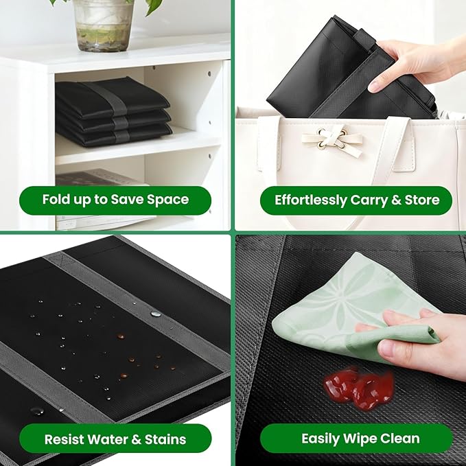 SpaceWhisper Reusable Grocery Bags with Long Handles [8 Pack] - Multipurpose Large Shopping Bags for Groceries, Foldable Grocery Totes Resist Water & Stains for Kitchen, Car Trunk, Picnic (Black)