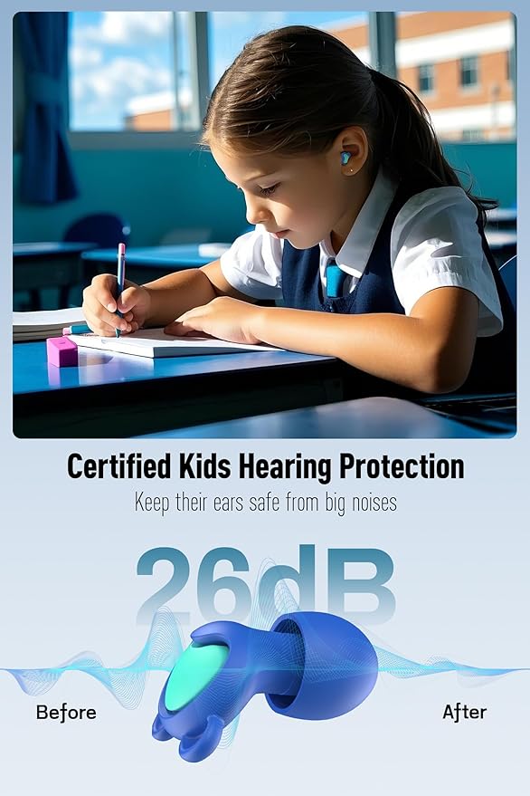 Kids Ear Plugs (6-12 Years) with Cord, Kids Ear Protection Reusable Noise Relief Earplugs for Focus, Travel, Concert, Socializing, Events, Sleep, Anxiety, Home, School, Playtime -26dB Noise Reduction