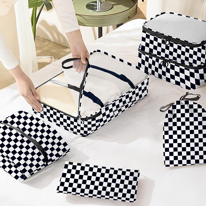 KPX 8 Set Packing Cubes for Travel, Luggage Packing Organizers Accessories Large Toiletries Bag for Clothes Shoes Cosmetics (8Set-Black Checkered)