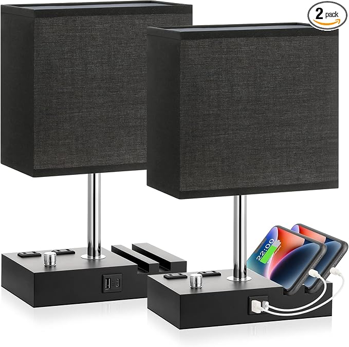 Black Bedside Table Lamps Set of 2 - Dimmable, USB C+A, 2 AC Outlets | Dimming By Rotary Knob, USB C+A Ports, 2 Phone Stands, LED Bulbs Included, Rectangle Black Lampshade, for Living Room, Desk