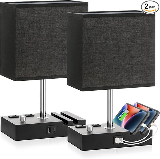 Black Bedside Table Lamps Set of 2 - Dimmable, USB C+A, 2 AC Outlets | Dimming By Rotary Knob, USB C+A Ports, 2 Phone Stands, LED Bulbs Included, Rectangle Black Lampshade, for Living Room, Desk