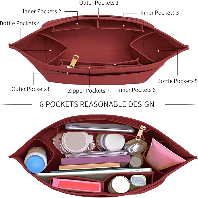LOUKAYCCI Purse Organizer Insert for Longchamp Le Pliage M Handbag Insert Felt Long Champ Tote Bag Organizer Insert with Cup (BurGundy, Medium)