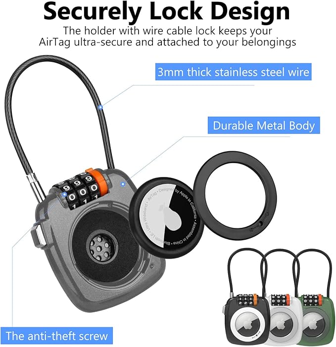 Compatible with Apple AirTag Secure Lock with Wire Cable, 3-Digit Combination Luggage Locks, Alloy Body Ultra Durable Anti-Lost Protective Case for Luggage, Bags, Suitcase, and Backpacks (Grey)