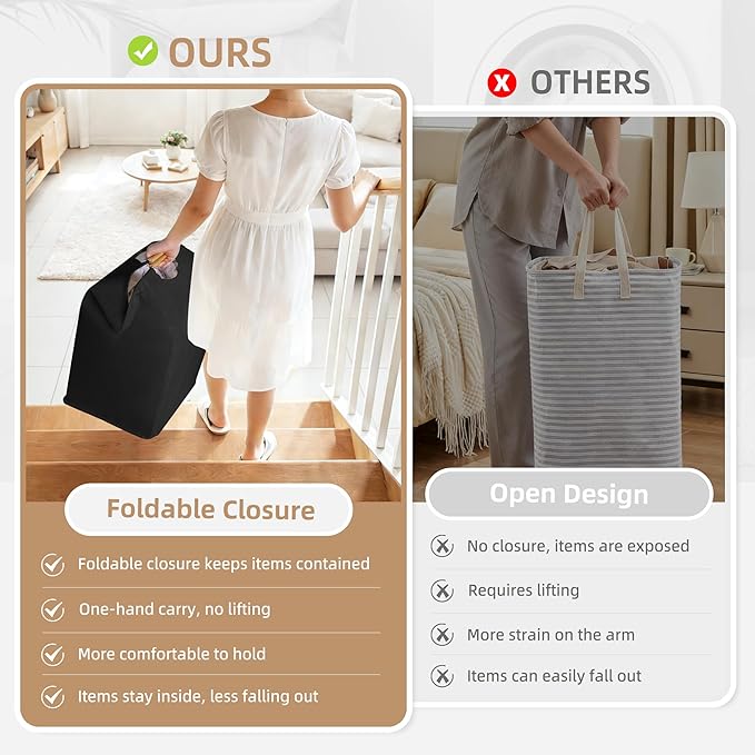 STORAGE MANIAC 3-Pack Large Laundry Hamper, 100L (26.4 Gal) Collapsible Laundry Basket with Bamboo Handles, Freestanding Waterproof Clothes Hamper for Laundry Room, Bedroom, Dorm, Towels, Toys, Black