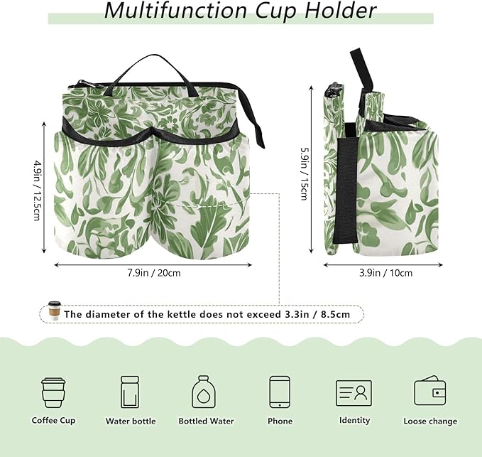 Green Vintage Flower Bohemian Luggage Cup Holder Travel Portable Free Hand Drink Carrier Suitcase Drinks Beverage Holder Carry-On Bottle Mug Holder Organizer Bag Travelers Accessories