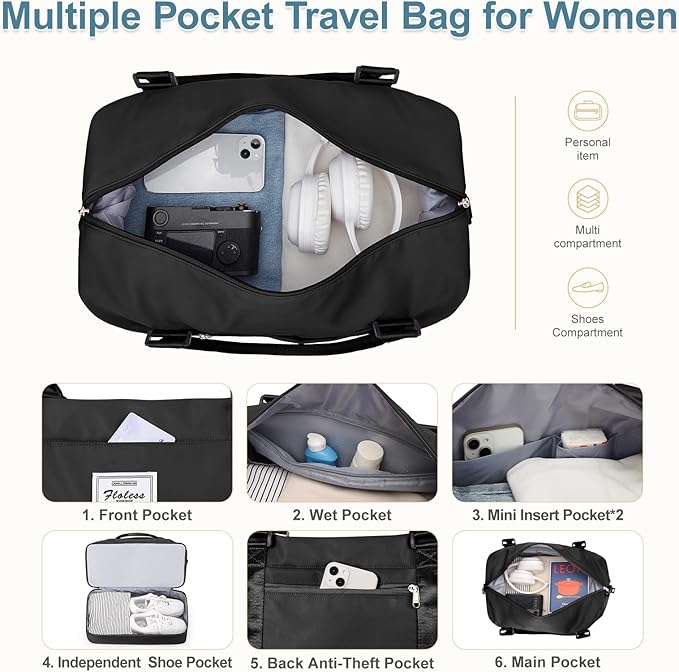 Large Weekender Bags for Women, Travel Duffel Bags with Shoe Compartment,Personal Item Travel Carry on Overnight bag for women Travel Set,Black