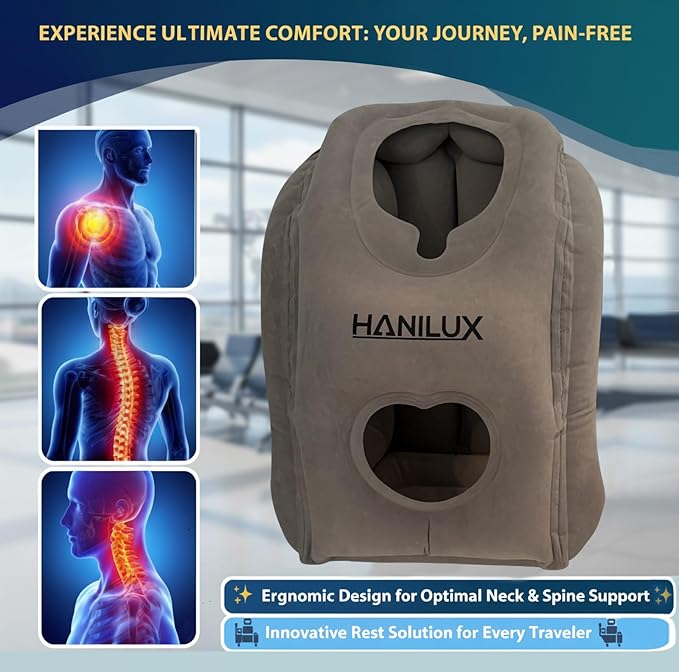 Inflatable Travel Pillows for Airplanes, Blow Up Travel Pillow for Train Office Car with Chin and Neck Support, Inflatable Travel Pillow for Sleep Support with Eye Mask,Storage Bag & Earplugs (Gray)