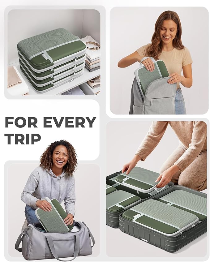 Percover Compression Packing Cubes 4-Piece Set, Packing Cubes Compression for Travel with Label Pockets, Travel Organizer for Carry On & Checked Luggage, Green