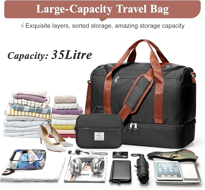 Travel Duffel Bag for Women, Carry-on Overnight Weekender Bags with Wet Pocket & Toiletry Bag, For Spirit Airlines 18x14x8 Personal Item Bag,Small,Black & Brown