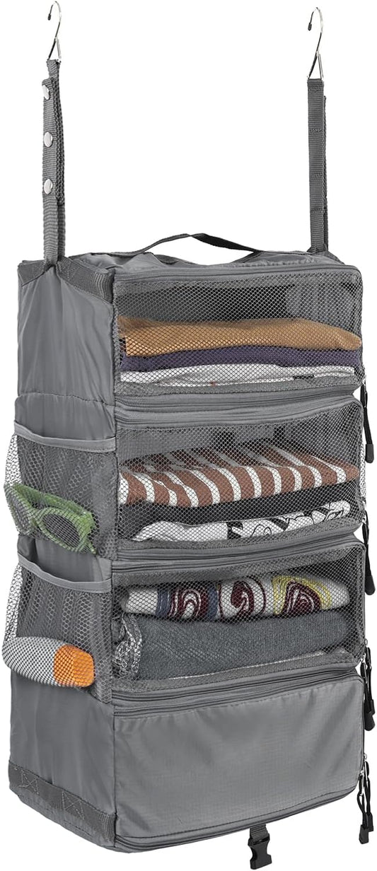 Surblue Travel Hanging Luggage Organizer Portable Suitcase Closet Organizer Multiple Compartments Collapsible Compression Packing Cubes Shelf, LightGray, S