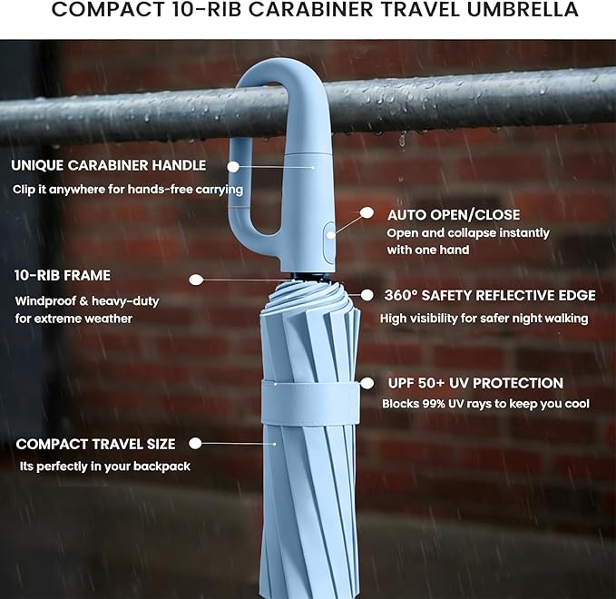 SIEPASA Travel Umbrella with Carabiner Handle - Windproof 10 Ribs Auto Open/Close for Rain & Sun Protection, Compact Portable Clip-on Backpack Design with Safety Reflective Strip.
