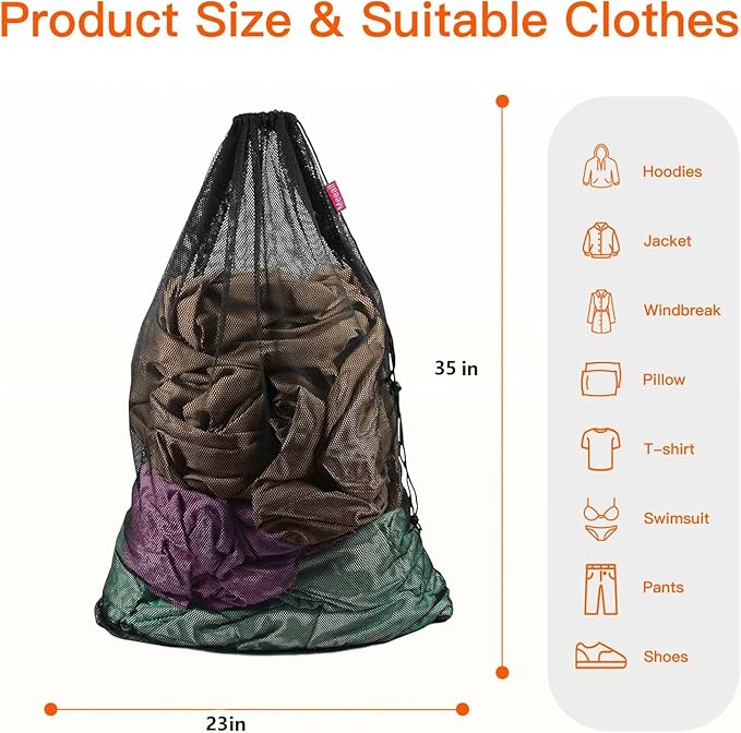 2 Pack Mesh Laundry Bags, 23 x 35 Inches Heavy Duty Mesh Wash Bags with Drawstring Closure for College, Dorm, Travel, Family and Apartment Dwellers, Black