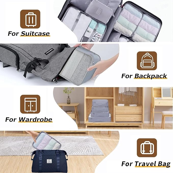 8 Set Packing Cubes for Suitcases Travel Luggage Packing Organizers,Travel Essentials Accessories Luggage Organizer with Shoe Bag Tioletry/Laundry Bag（Grey）