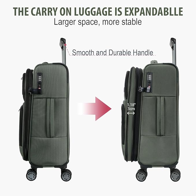 KROSER Softside Expandable checked Luggage with Front Business Pockets，24 Inch Suitcases with Spinner Wheels & Built-in TSA Lock, Durable Suitcase Rolling Luggage, Army Green