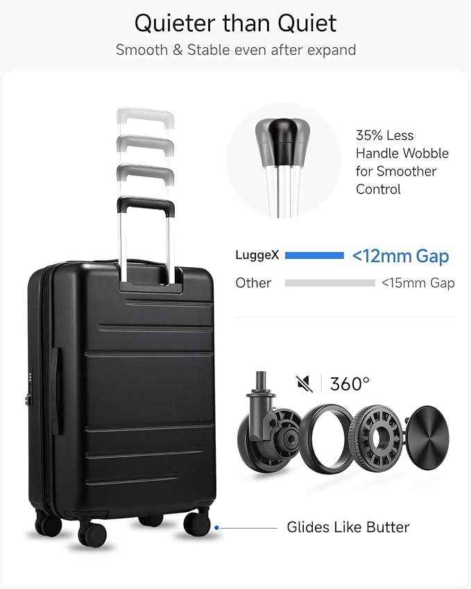 LUGGEX Checked Luggage Top Opening, FLT Expandable Polycarbonate Hard Shell Suitcase with Wheels (FX-Lite, Black, 24 Inch, 63L-70L)