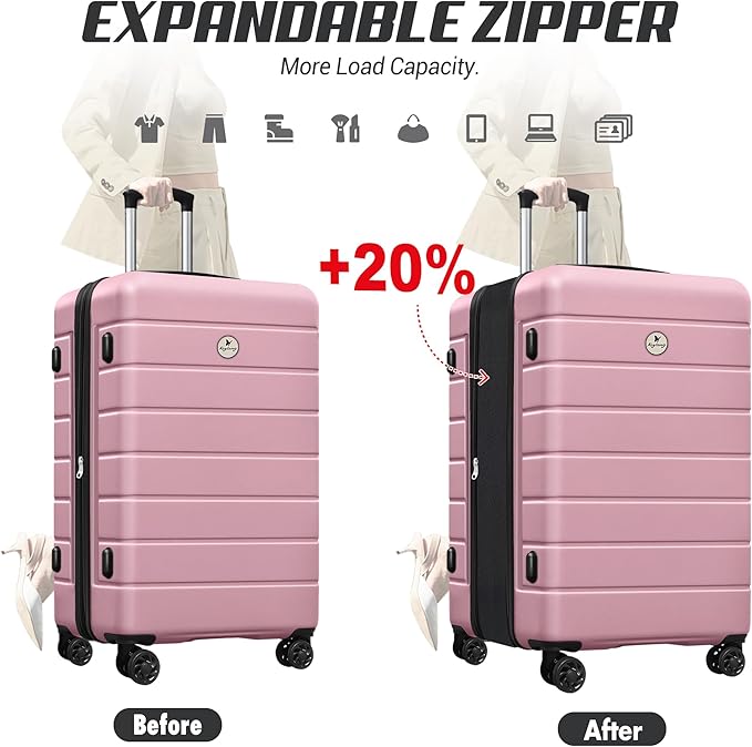 Classic 3-Piece Luggage Set with TSA Lock, Lightweight Suitcase with Spinner Wheels, Hardshell Expandable Carry-On Luggage, 20/24/28 inch, Pink