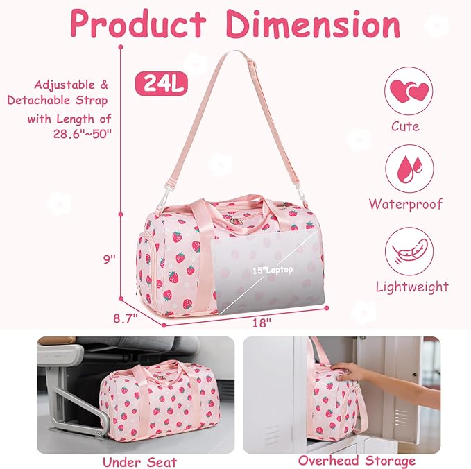 CAMTOP Kids Duffel Overnight Bag Boys Girls Toddler Weekender Carry-On Personalized Tote for Travel Gym Sport (Pink Strawberry)