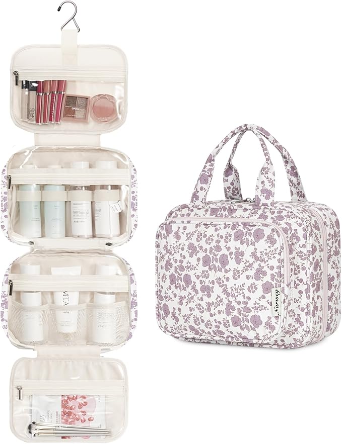 Narwey Hanging Floral Toiletry Bag for Women Travel Makeup Bag Organizer Toiletries Bag for Travel Size Essentials Accessories Cosmetics (Dusty Pink Flower (Medium))