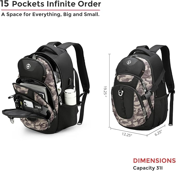 Swissdigital Design Laptop Backpack with USB Charging Port, Travel Backpack Fits 15.6 inches Computer, 31L College School Backpack for Men, Khaki Camo | SD803-94