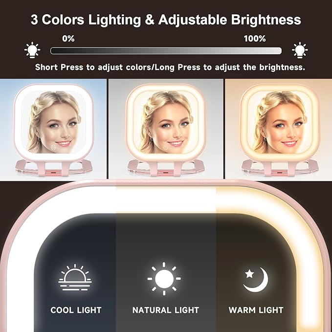 Mocado Compact Travel Makeup Mirror, 1X/10X Magnifying Mirror with Light, Double Sides Compact Mirror with 3 Color Light, Dimmable Handheld Mirror, Rechargeable Travel for Purse,Pocket(Pink)