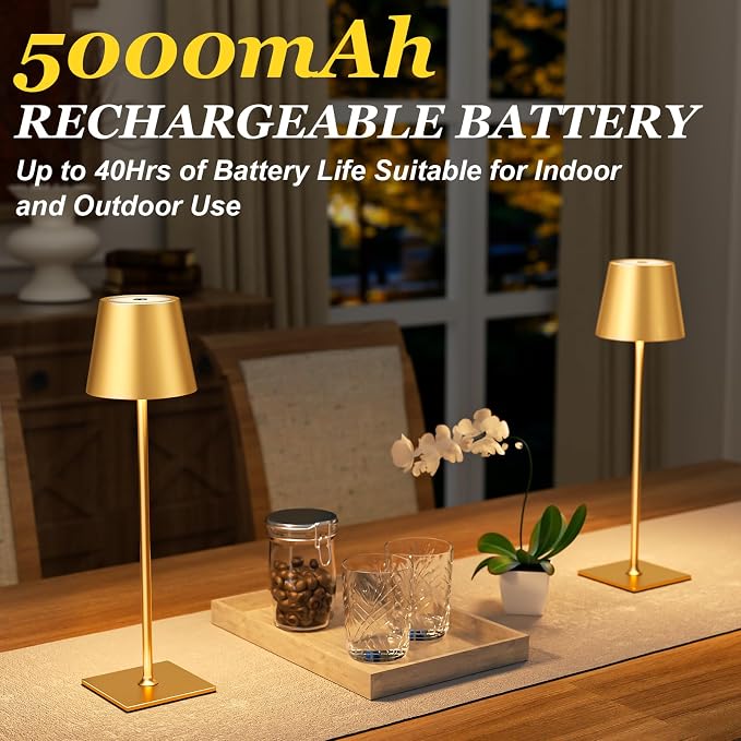 Kakanuo Gold Cordless Rechargeable Table Lamp 5000mAh Battery Operated Lamps, 3 Colors Stepless Dimming Touch Lamp for Dining, Living Room, Outdoor Patio, Kitchen Counter, 4 Pack