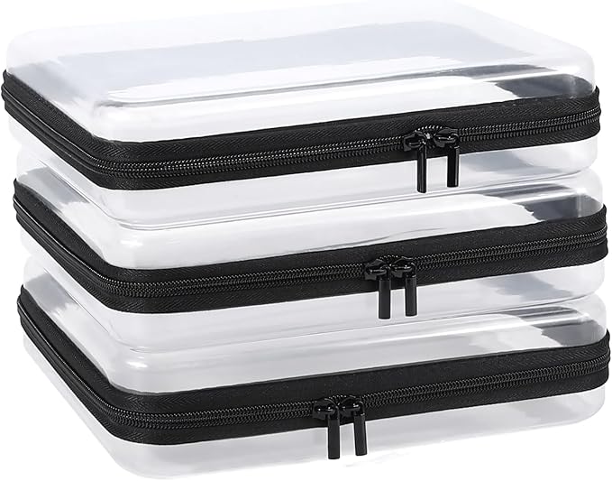 3 Pack Clear Hard Shell Zipper Case, Clear Zipper Pouches Waterproof Makeup Organizer & Travel Toiletry Bag, Plastic Pouch for Travel Office Storage, Black Large Size