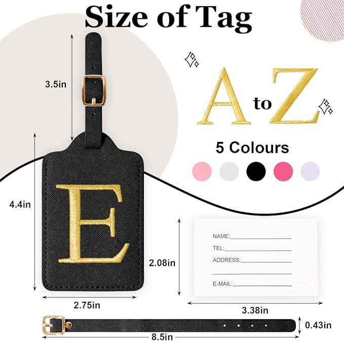 Personalized Initial Luggage Tags for Suitcases,Leather Letter Cute Luggage Tags with Privacy Name Card,Embroidered Monogrammed Travel Bag Backpack Tag Gifts for Women Kids Girls Teens(Black-E)