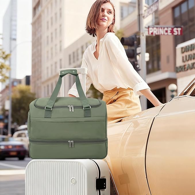 Carry On Travel Duffel Bag for Women & Men,Overnight Weekender Bag with Shoe Compartment,Trolley Sleeve and Adjustable Shoulder Strap,Business & Weekend Travel,Gym,Sports,Yoga & Dance (Green)