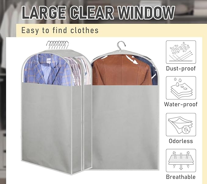 MISSLO 10" Gusseted Garment Bags for Hanging Clothes 32" Suit Bags for Closet Storage Clothing Covers for Shirts, Coats, 3 Packs, Grey