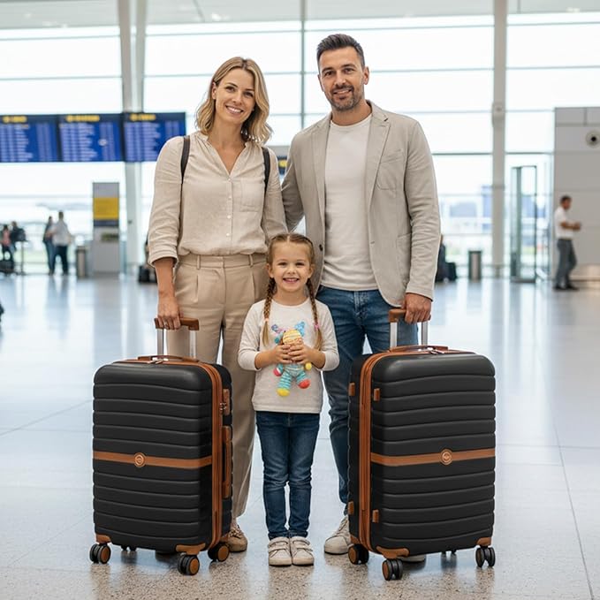 Kono Expandable 28 Inch Luggage with Spinner Wheels, Large Checked Luggage with Lock, Lightweight & Anti-Scratch PC+ABS Hardshell Travel Suitcase, Black/Brown