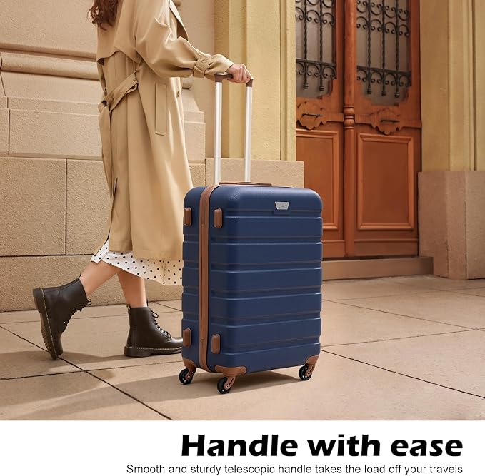 Coolife Luggage 3 Piece Set, Lightweight Durable Hardshell Suitcase set with 360° Spinner Wheels, TSA-approved Lock, Checked Family Travel Luggage sets, 20/24/28 Inch, Apricot Navy
